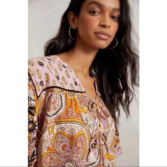 NEW Anthropologie Emma Kayleigh Tie Front Spliced Tassel Peasant Blouse Medium - Picture 1 of 5